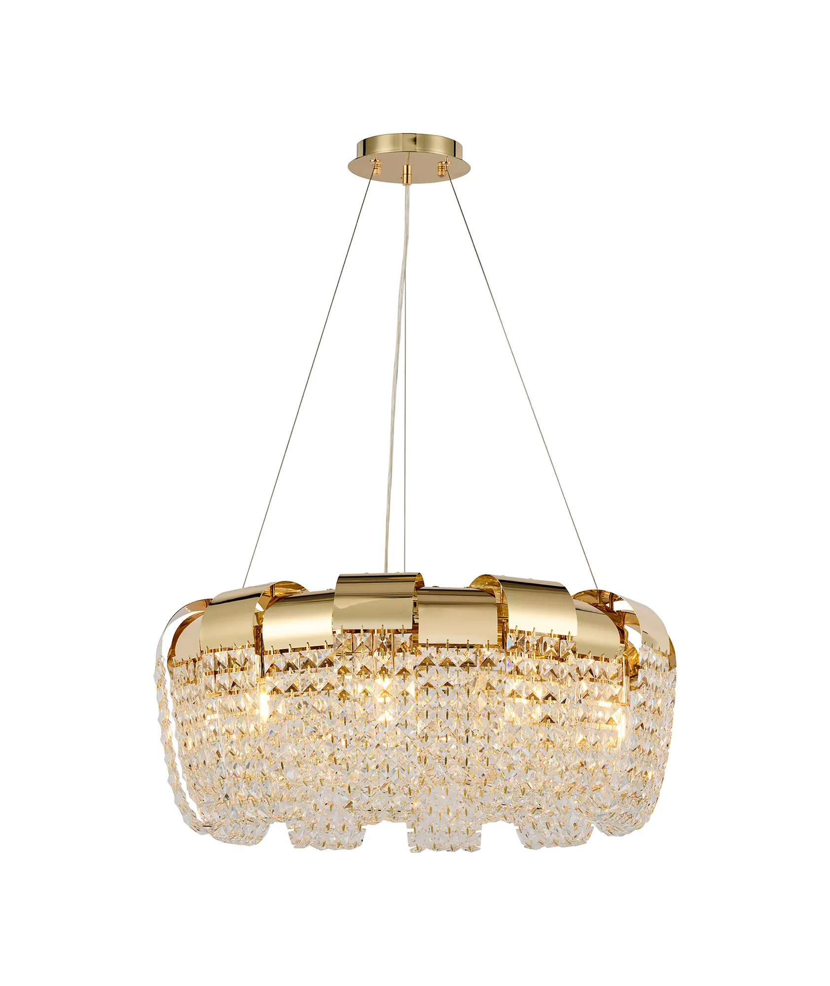 Kalani French Gold Crystal Ceiling Lights Diyas Ringed & Square Crystal Fittings